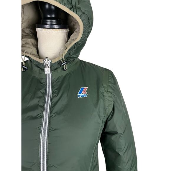 K-Way Denise St Thermo Reversible Down Zip Up Hooded Jacket Olive Green Sz Small - Picture 7 of 15